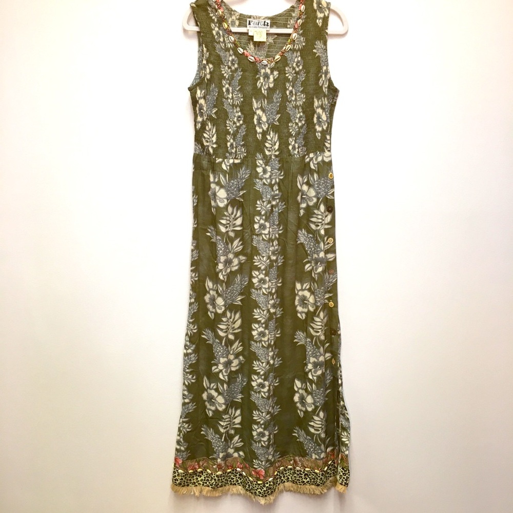 Faith By Celia Forrester Sea Shell Floral Maxi Dress Large Green Beach Lagenlook